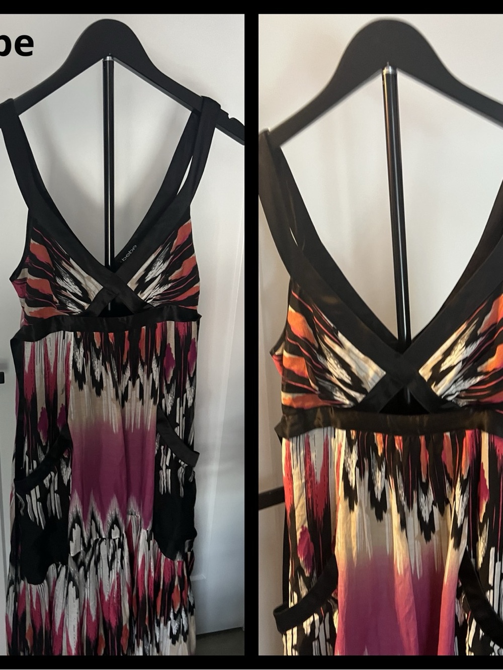bebe Black Maxi Dress with Multicolor Ikat Print (Pink, Purple, Orange, Cream)
